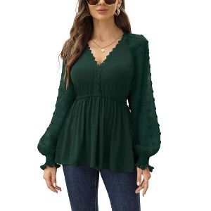 Puff Sleeve Peplum Tops Lantern Sleeve V Neck Tops Peplum Shirts For Women Loose Fit - 1 of 4