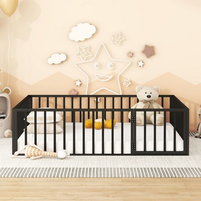 Okak Metal Floor Bed Twin/Full/Queen,Montessori Bed Frame with Safety Rails & Lockable Door, Toddler Bed for Kids Room & Nursery