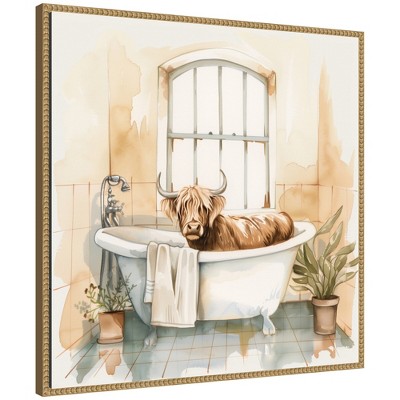 Kate & Laurel All Things Decor 30"x30" Sylvie Highland Cow Bathroom Watercolor Framed Canvas by The Creative Bunch Beaded Natural