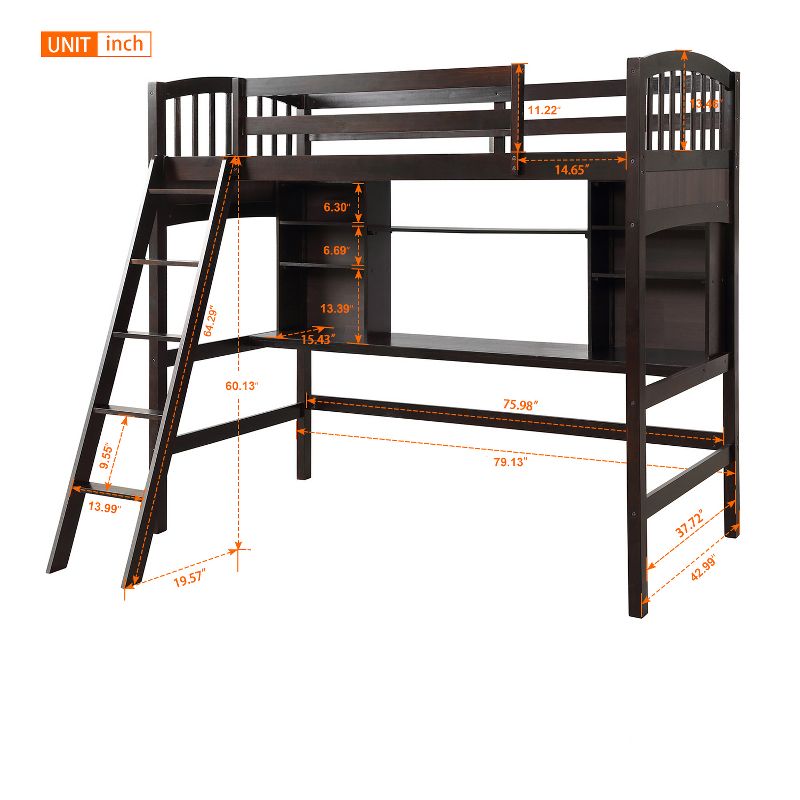 Twin size Loft Bed with Storage Shelves, Desk and Ladder - ModernLuxe, 3 of 8
