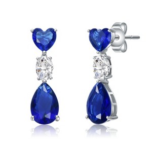 Guili Sterling Silver White Gold Plated Three-Stone Dangle Earrings with Blue & White Cubic Zirconia - Elegant, Hypoallergenic, for Any Occasion - 1 of 3