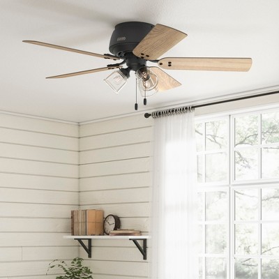 52" Matte Black and Wood Low Profile Ceiling Fan with LED Light