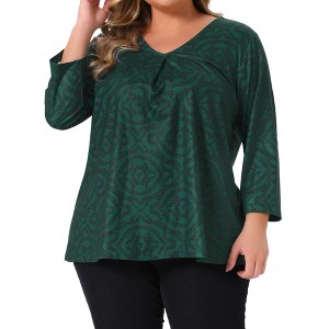 Agnes Orinda Women's Plus Size Printed Pattern V Neck 3/4 Sleeve Pleated Casual Blouses - 1 of 4
