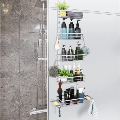 Oumilen Over the Door Shower Caddy, 5-Tier Adjustable Hanging Shower Organizer Rustproof Metal, Silver
