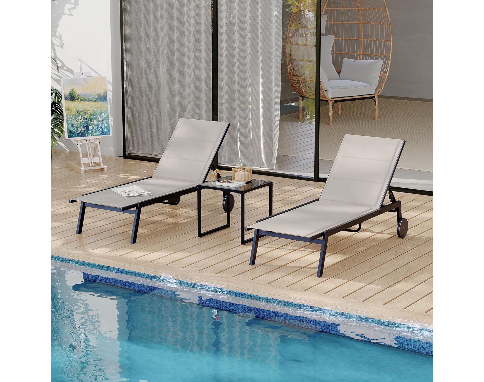 coucheta 2 Patio Textile Chaise Lounge Chairs with Side Table, Outdoor Chaise Lounge Set, 5-Level Backrest Pool Loungers on Wheel, Sunbathing Chair