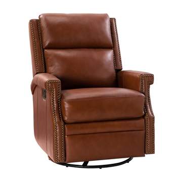 Favonius Wooden Upholstery Genuine Leather Swivel Rocker Recliner with Nailhead Trim for Bedroom and Living Room| ARTFUL LIVING DESIGN