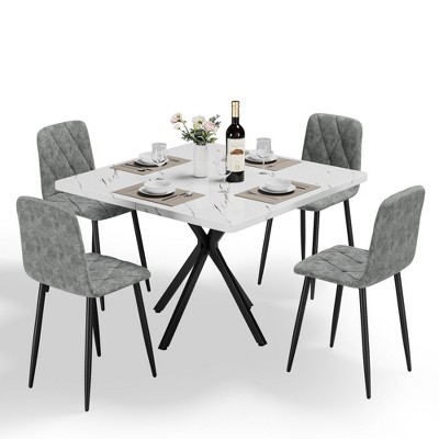 Maliang Square Dining Table Set for 4 Person, with 4 Chairs, Faux Marble Tabletop, Iron Legs, for Dining Room