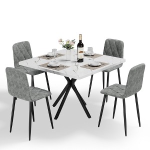 Maliang Square Dining Table Set for 4 Person, with 4 Chairs, Faux Marble Tabletop, Iron Legs, for Dining Room - 1 of 4
