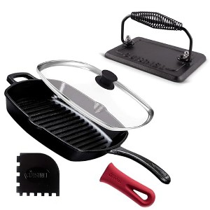Cuisinel Cast Iron Grill Pan - 10.5" Pre-Seasoned Ribbed Skillet w/ Press, Glass Lid & Scraper, Perfect for BBQ, Camping, Stovetop, Indoor/Outdoor Use - 1 of 4