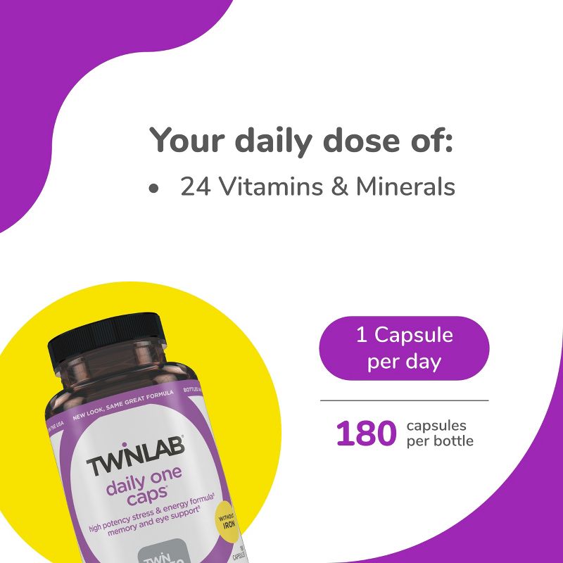 Twinlab Daily One Caps without Iron - Nutritional Supplement with Zinc, B Vitamins, Magnesium, and More - 180 Capsules, 3 of 8