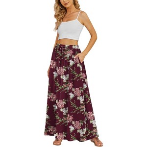 Women's High Waisted Pleated Flowy Maxi Skirt - Summer Casual with Pockets Flower Wine Red - 1 of 4