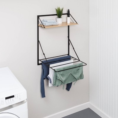 Black and Maple Wall-Mounted Folding Drying Rack with Shelf
