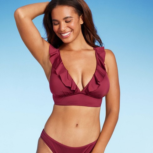 Women's Ruffle V-neck Longline Triangle Bikini Top - Shade & Shore™  Burgundy D/dd Cup : Target