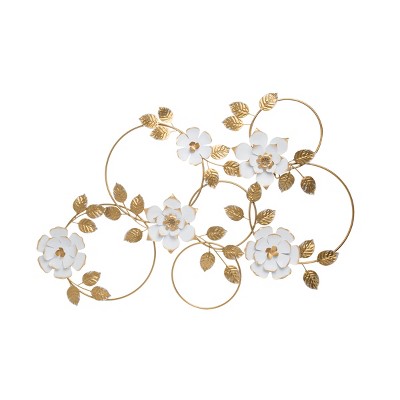 39.5 x 30 inch Distressed White and Gold Metal Floral Wall Décor - Foreside Home & Garden