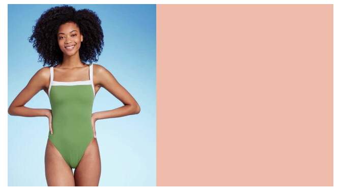 Women's Square Neck Wide Binding One Piece Swimsuit - Shade & Shore™ Olive Green, 2 of 7, play video