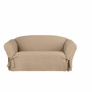 Heavy Weight Cotton Canvas Loveseat Slipcover Khaki - Sure Fit: Machine Washable, Indoor Furniture Protector with Front Armrest Ties - 1 of 4