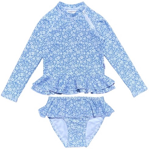 Sunguard Swim Reese Girls’ UPF 50+ Long Sleeve Two Piece Swimsuit Set | Sunguard Swim Ditsy Tropical Blue 4-5Y
