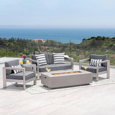 Pismo 5pc Aluminum Chat Set with Fire Pit - Silver/Dark Gray - Christopher Knight Home