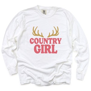 Country Girl Antlers Puff Print - Womens Garment Dyed Long Sleeve Graphic T-Shirt - 1 of 3