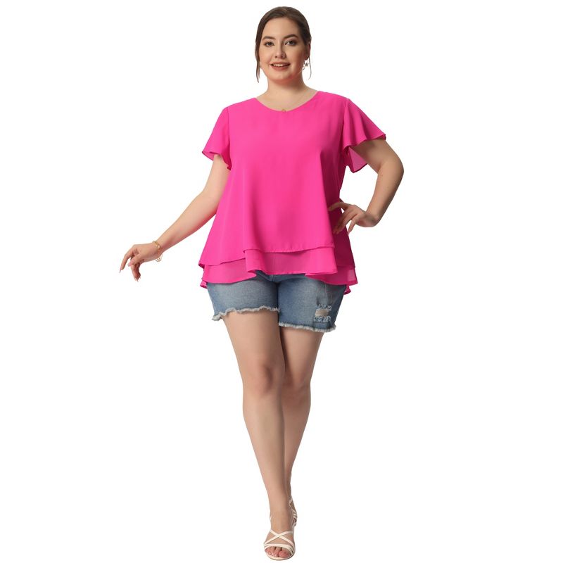 Agnes Orinda Women's Plus Size Casual V Neck Short Flare Sleeve Double Layers Chiffon Summer Blouses, 3 of 7
