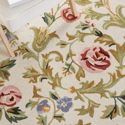 Ivory Floral Hand-Knotted Wool Round Area Rug 4' x 4'
