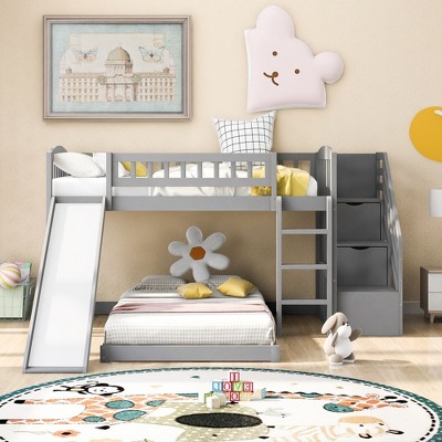 NicBex Twin over Twin Bunk Bed Pine Bed Frame with Convertible Storage Stairs and Slide, Full Length Guardrail, No Box Spring Required