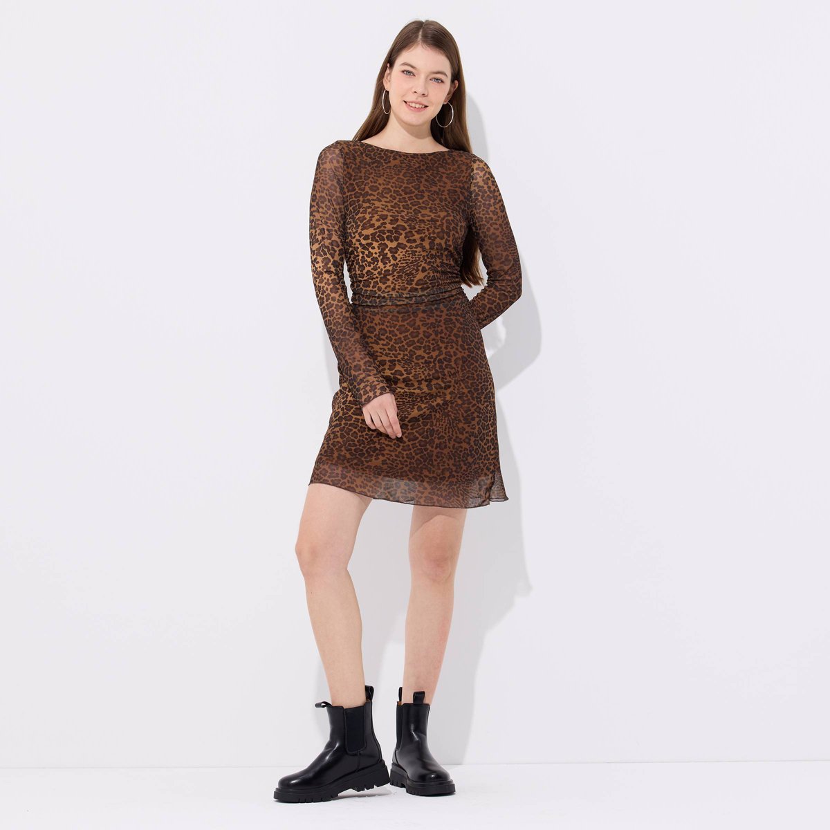 Женские платья Wild Fable Women's Long Sleeve Lined Mini Skater Dress - Wild Fable™ Brown Leopard Print XL — фото 3