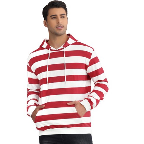 Lars Amadeus Men s Long Sleeves Drawstring Striped Hooded Sweatshirts Red White Medium