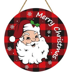Lomsoe Christmas Door Decor Santa Claus Decor Merry Christmas Sign Buffalo Plaid Wall Decor Wooden Front Door Hanger Santa Claus Hanging Sign 8x8Inch - 1 of 1