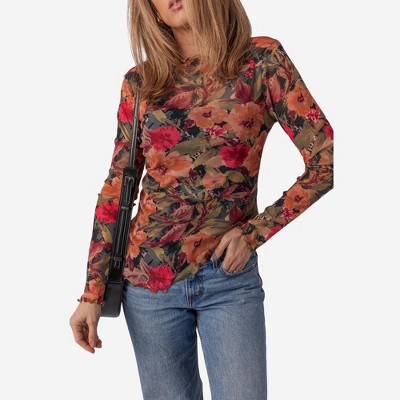 Amaryllis Women’s Mesh Floral Print Fitted Long Sleeve Lettuce Hem Sheer Stretch Top Lightweight