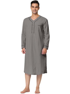 Lars Amadeus Men's Cotton Long Sleeves Chest Pocket Henley One Piece Nightgown
