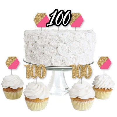 Big Dot of Happiness Chic 100th Birthday - Pink, Black and Gold - Dessert Cupcake Toppers - Birthday Party Clear Treat Picks - Set of 24