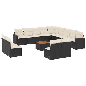 vidaXL 14 Piece Patio Sofa Set with Cushions Black Poly Rattan - Black and Cream - 1 of 4
