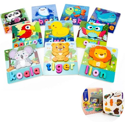 10 Pack Wooden Toddler Puzzles Spelling; Montessori Toy Toddler Baby Ages 2-4 Puzzles Early Develop; Toys Learning Education Preschool Gifts