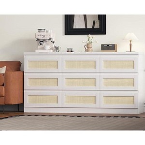 Rattan Dresser for Bedroom, 9 Drawer Dresser with Charging Station, Farmhouse Wood Chest of Drawer with Strong Base, Storage Organizer for Room - 1 of 3