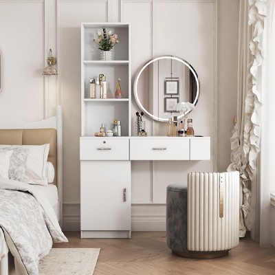Modern Vertical Dressers,Wooden Dresser With Drawers And Open Shelves,Hair Desk With 3 Round Holes,Vertical Dresser For Bedroom-Cuddlewood