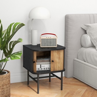 Set of 2 Black and Natural Wood Nightstands with Sliding Doors