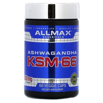 ALLMAX Essentials Ashwagandha KSM-66 (60 Veggie Caps) - Increase Muscle Strength & Recovery - Non-GMO, Gluten Free - 30 Servings