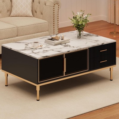 Coffee Table Modern Coffee Table for Living Room with 4 Drawers Glass-Front Cabinets Faux Marble Fluted Panel Design Stylish Storage Solution Black