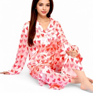 Anna-Kaci Lounge Women's Pink Heart Print Pajama Set with Button-Up Long Sleeve Top and Relaxed Fit Pants- Pink,Small - 1 of 4