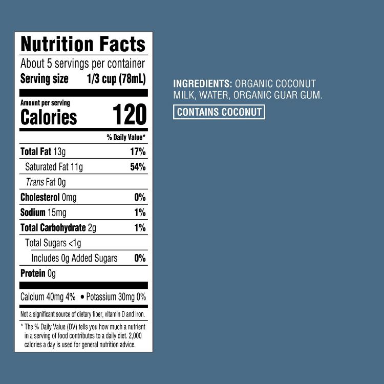 Nutrition label showing 120 calories per serving with ingredients listed as organic coconut milk, water, and organic guar gum, and a note stating "CONTAINS COCONUT."