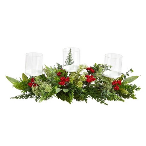 28” Holiday Winter Greenery, Berries and Plaid Bow Artificial Christmas  Arrangement Home Décor