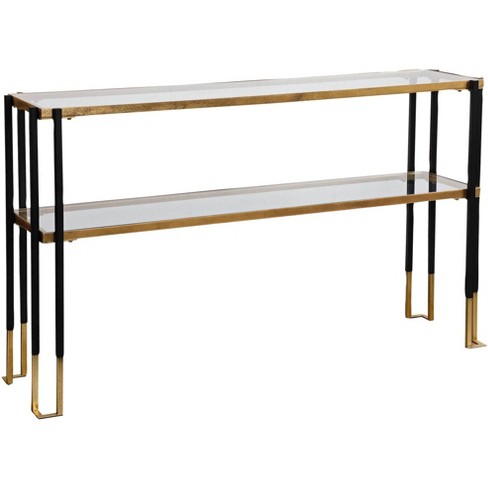 Uttermost Modern Matte Black Brushed Gold Rectangular Console Table 53 1 2 X 13 1 2 With Tempered Glass Shelf For Living Room Target