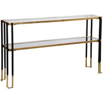 Uttermost Modern Matte Black Brushed Gold Rectangular Console Table 53 1/2" x 13 1/2" with Tempered Glass Shelf for Living Room