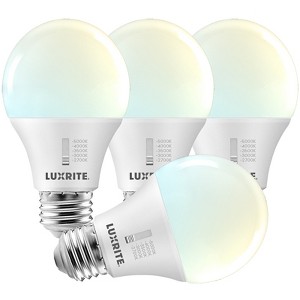 Luxrite A19 LED Light Bulb 60 Watt Equivalent, CRI90, 5CCT 2700K 3000K 3500K 4000K 5000K, Dimmable, 800LM, 9W, E26 Base, ETL Listed 4 Pack - 1 of 4