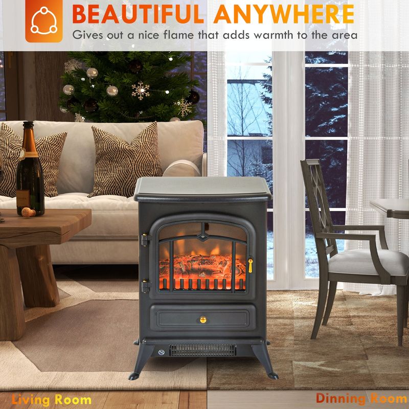 HOMCOM Electric Fireplace Heater, Fireplace Stove with Realistic LED Flames and Logs, Remote Control, Overheating Protection, 750W/1500W, 5 of 9