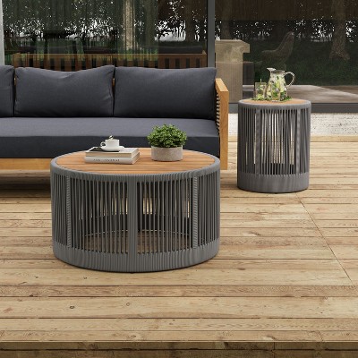 NicBex 15"/26"/15"+26" Round Outdoor End Table,Outdoor Side Table with Acacia Wood Top,Patio Table with Rope Design for Lawn,Outdoor Furniture