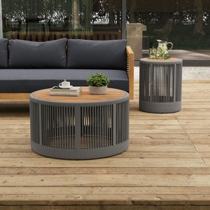NicBex 15" Round Outdoor Side End Table with Acacia Wood Top,Patio Table with Rope Design for Lawn,Outdoor Furniture - 1 of 4