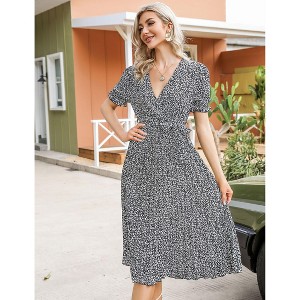 Clearlove Women's Floral Pleated Dress Short Sleeve Wrap V Neck A-Line Pleated Hem Midi Dresses with Belt - 1 of 4