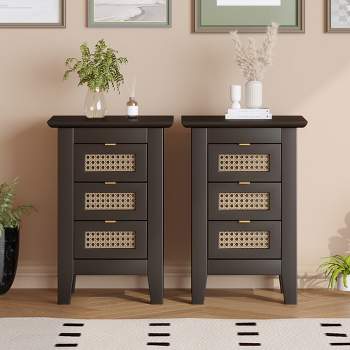 Set of 2 Wooden Nightstands with Rattan-Woven Surfaces and Three Drawers 4A -ModernLuxe